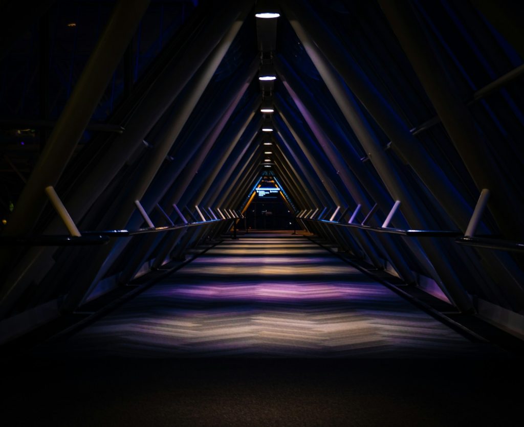 blue light in tunnel during night time